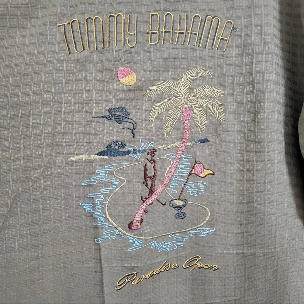 Tommy Bahama 100% Silk Hawaiian Shirt XXL Embroidered Back Camp Collar Resort